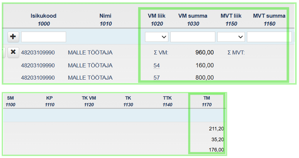 TSD lisa 1 osa 1a näite ekraanivaade e-MTAs