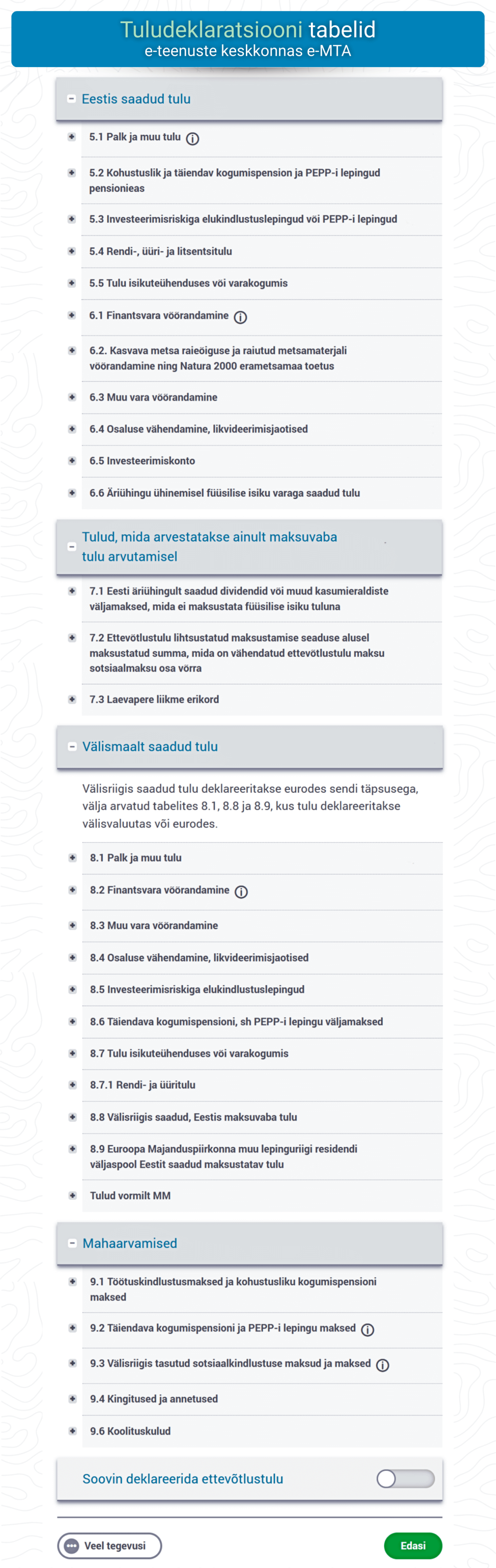 Illustratiivne foto - tuludeklaratsiooni tabelite vaade e-MTAs