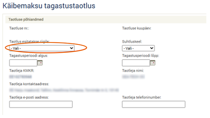 Valige rippmenüüst riik, millele taotlus esitatakse.